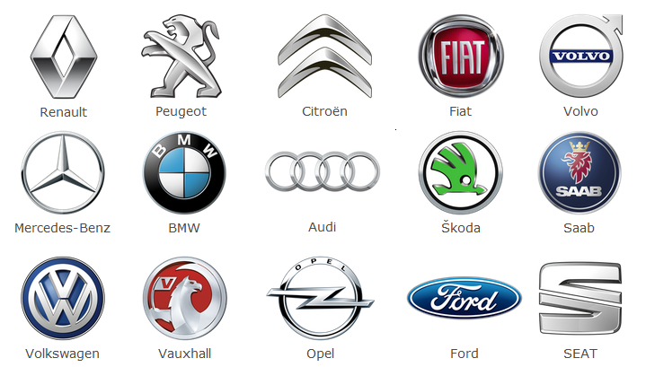 Citroen, Fiat, Ford, Peugeot, Renault, Seat, Skoda, Volgswagen, Vauxhall, Audi, BMW, Mercedes, Saab, Volvo